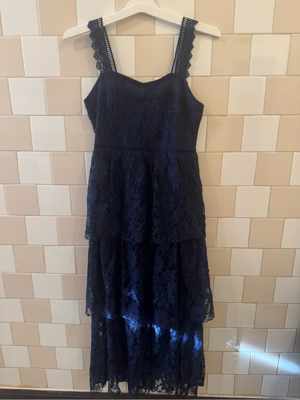 Girls' Navy Lace Tiered Formal Dress with Crochet Straps